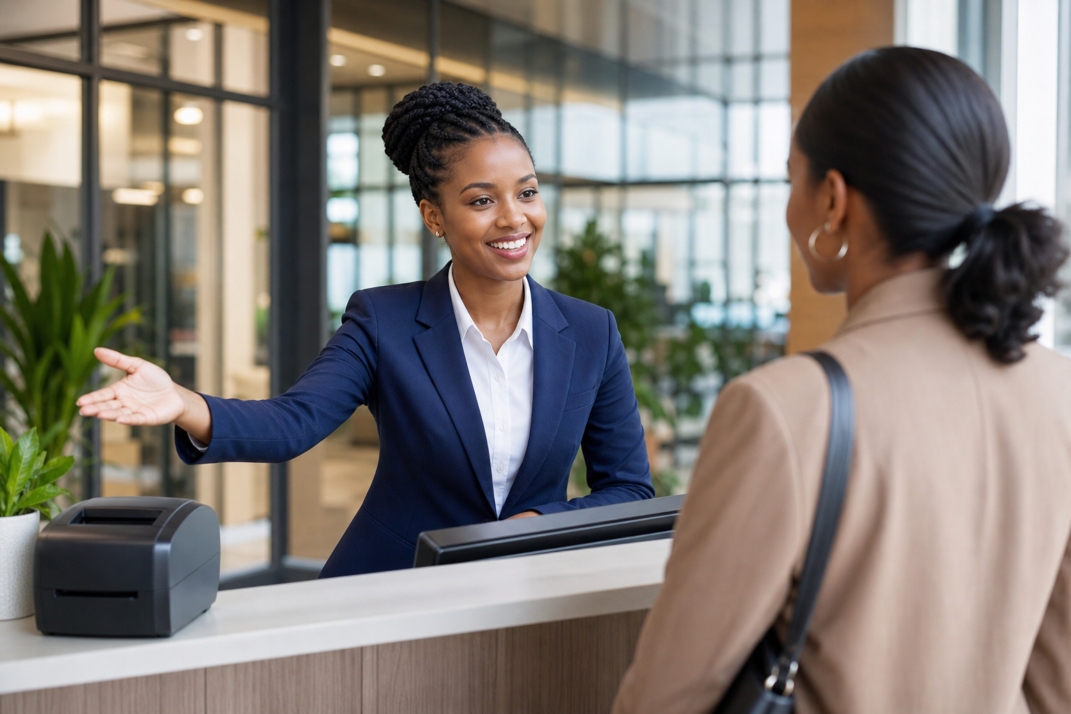 Visitor check-in at a corporate lobby
